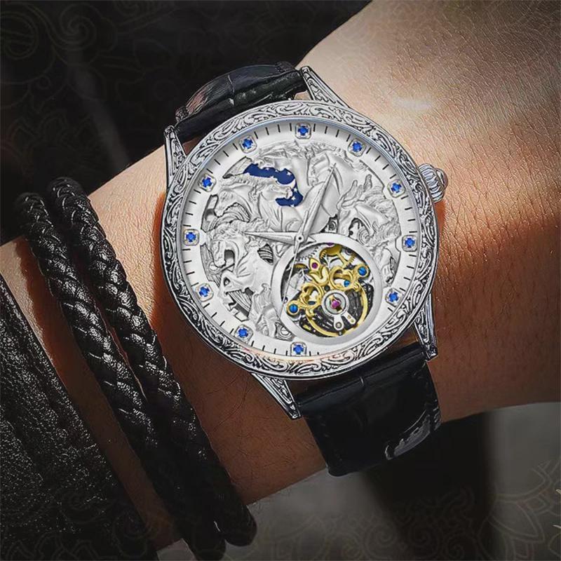 Men Fashion Design Horse Watches Leather Strap Automatic Mechanical Watches Men Luxury Tourbillon Wristwatches