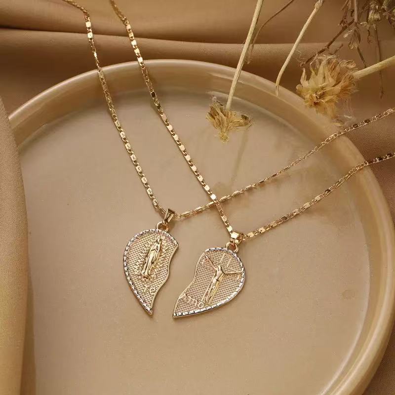 Two-Half Heart Puzzle Pendant Necklace, Couple Layering Choker, Minimalist Luxury 925 Silver Gold Plated