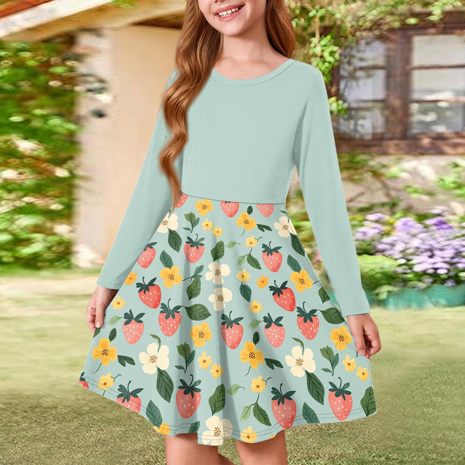

Girls Summer Princess Dress - Long Sleeve A-Line T-Shirt Dress 140 зелёный
