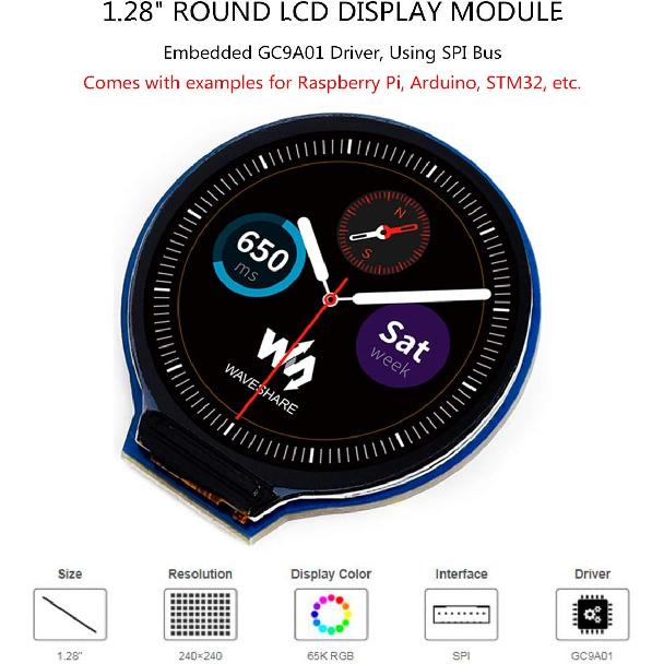 1.28inch Round LCD IPS Module 240x240 Resolution 65K RGB Colors SPI Interface for Arduino/Raspberry Pi/Jetson Nano/STM32