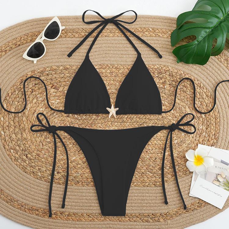 TS JYL-SW103 Solid Lace-Up Two-Piece Bikini, Conservative Beach Swimwear For Spa XL