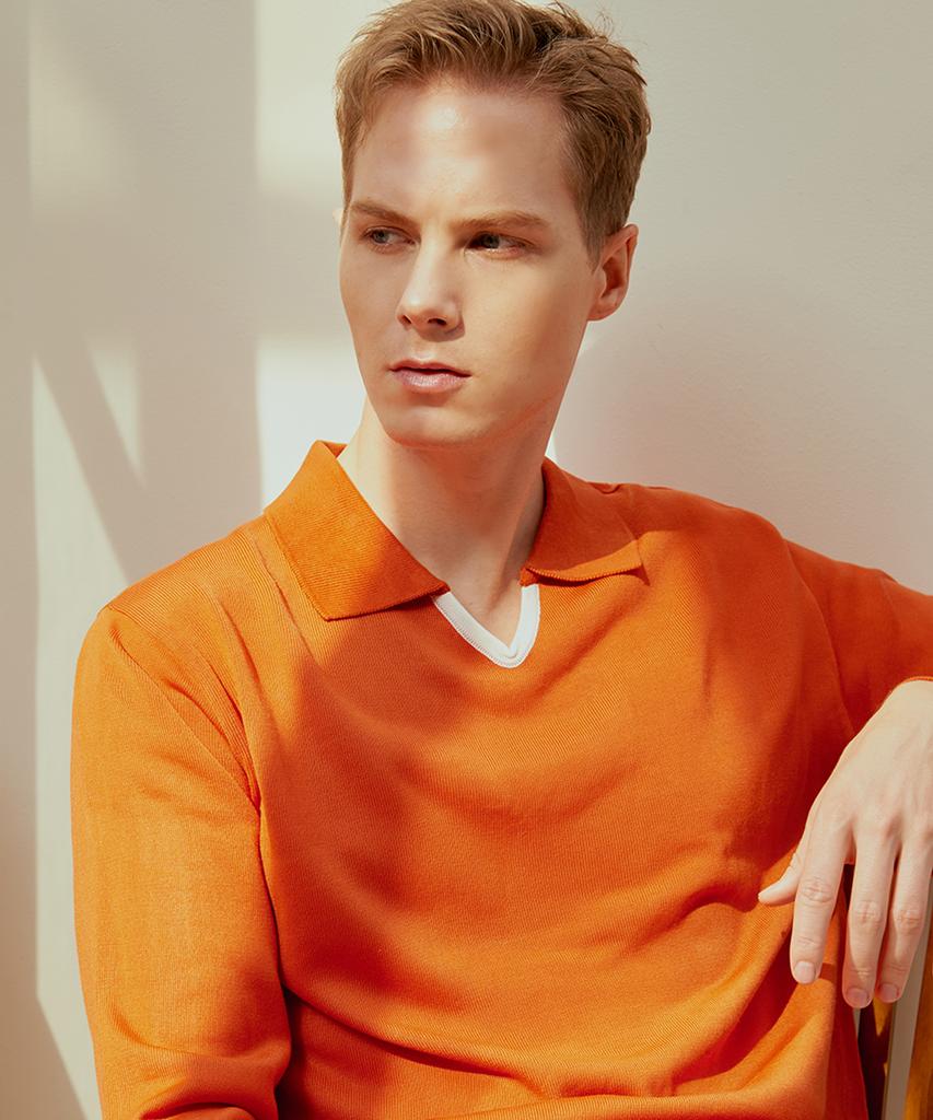 DEVERRMAN V-Neck Contrast Polo Knit (Orange)