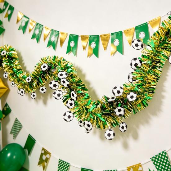 78.7" Soccer Tinsel Garland, Green And Gold Football Party Decoration with Soccer Cutouts for Event, Fan Cheering, Sports Birthday Party Supplies