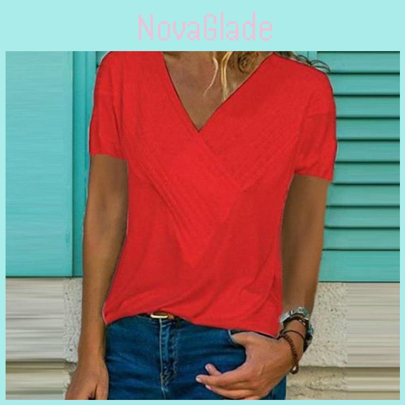 Women's V-neck Tunic Short Sleeve Loose Top T-shirt Plus Stylish Blouse Option
