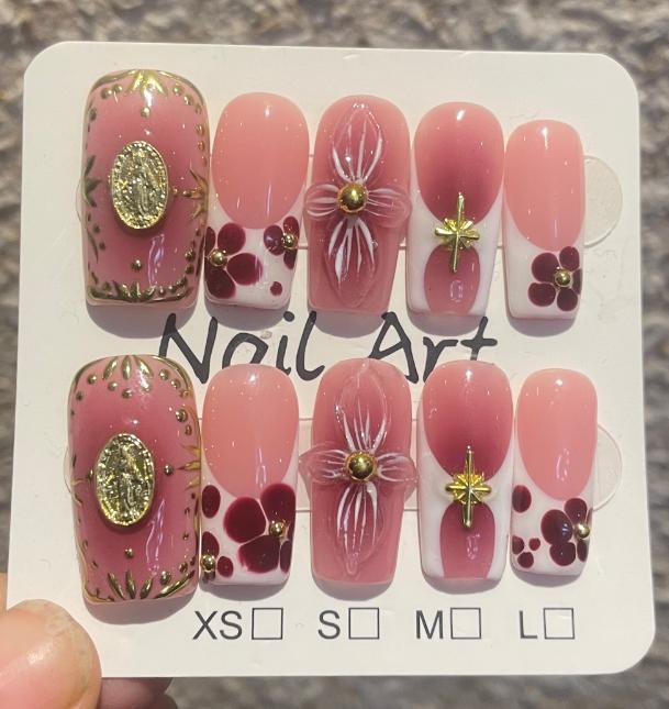 10Pcs Long Coffin Sweet Cool Handmade Nails Tips French Metal Rhinestone Stick on False Nails Shiny Stars Wearable Manicure Set