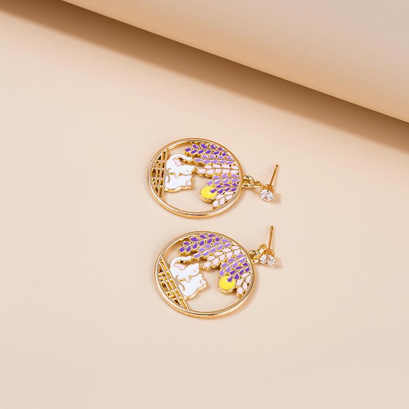 Colorful Drip Oil Pearl Flower Earrings: Japanese & Korean Style Kitten and Mount Fuji Studs