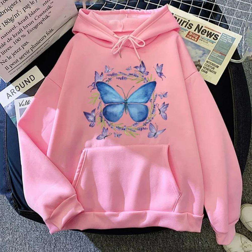 Fashion Butterfly Printed Hoodie Autumn/Winter Casual Hooded Long Sleeve Pullover Sweatshirt