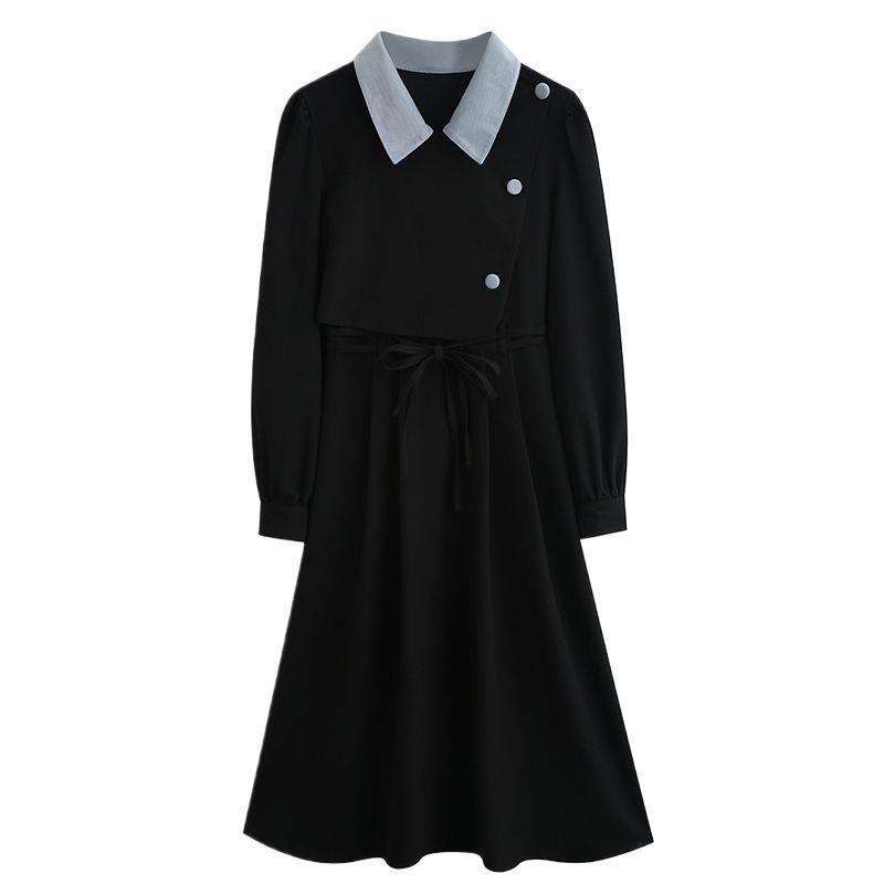 Plus Size French Velvet Campanula Two-Piece Autumn/Winter Dress - Waist-Cinched, Slimming Mid-Length.