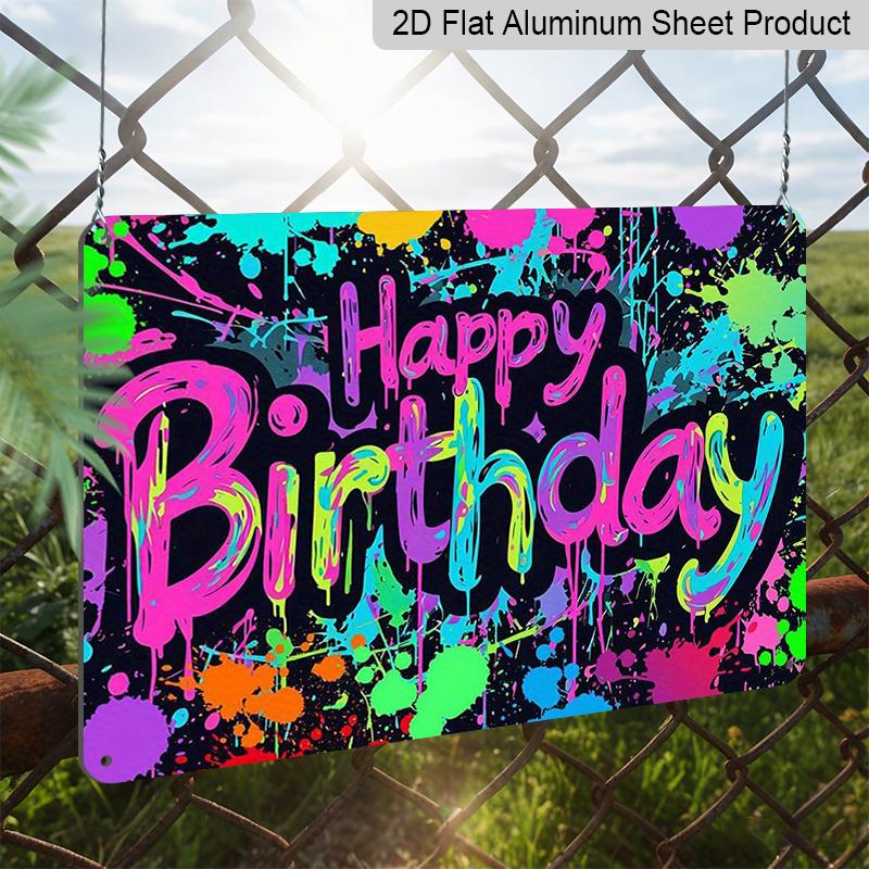 2D Flat, 1pc "Happy Birthday" Graffiti Style Plaque - Colorful Neon Birthday Decor Sign, Black & Multicolor - Aluminium Wall Hanging Decoration for