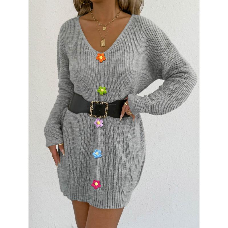 Women's Deep V Sexy Pullover Hand-Crocheted Patchwork Sweater Autumn Winter Base Shirt Dress (Belt Not Included)