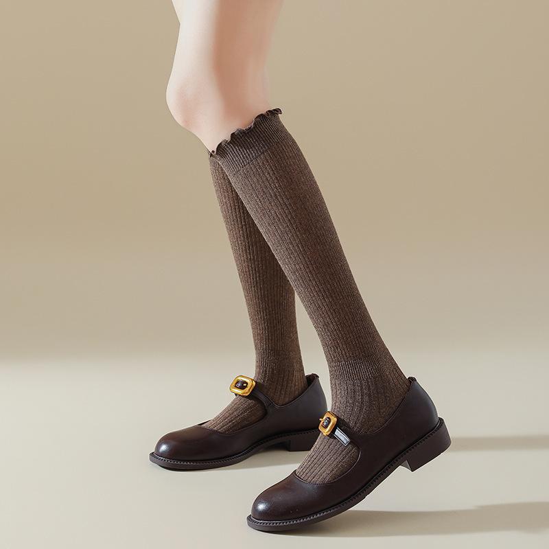 Ladies Spring and Autumn Everything Skinny Leg Wooden Ear Lace Calf Pile Socks