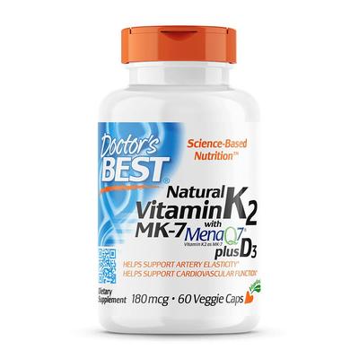 Natural Vitamin K2 MK-7 with MenaQ7 Plus D3, 60 Veggie Caps