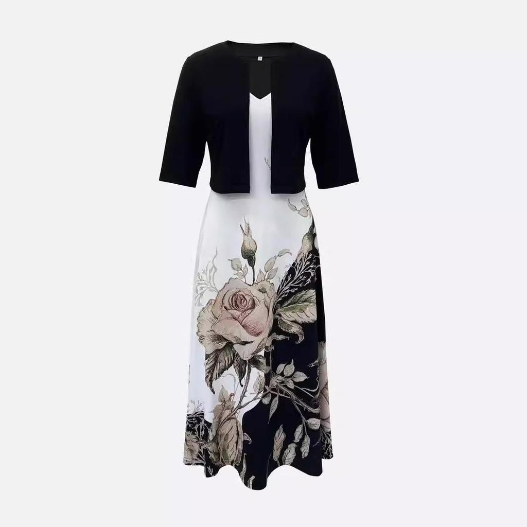 2026 Women's Autumn Floral Print Long Dress & Coat Set