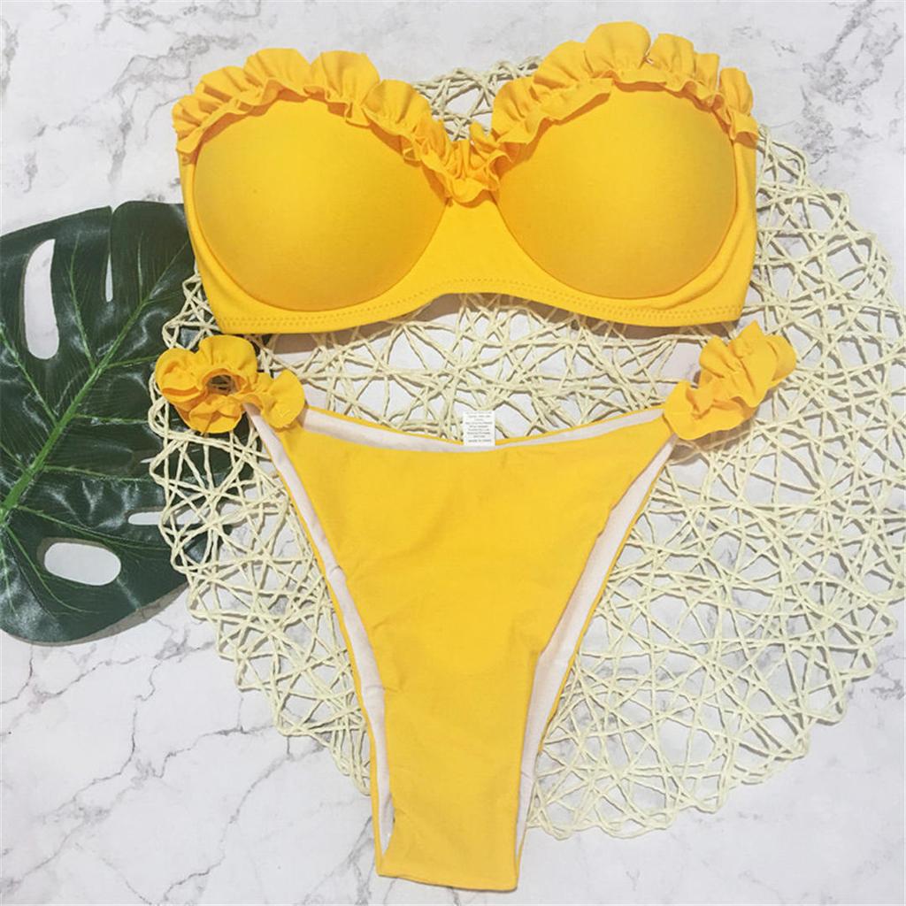 Bandeau Bikini Push Up Swimsuit Female Swimwear Women Bikini Set High Leg Cut Bather Ruffled Bathing Suit