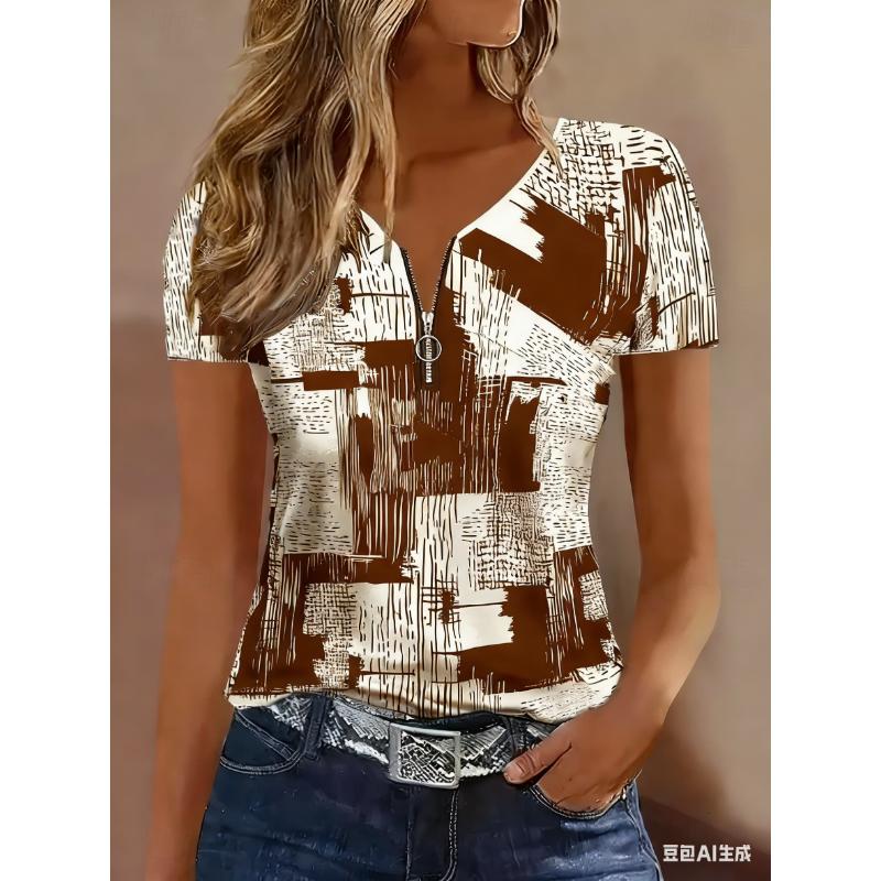 Women's T Shirt Zipper Quarter Zip Graphic Geometric Abstract Tropical Hawaiian Stylish