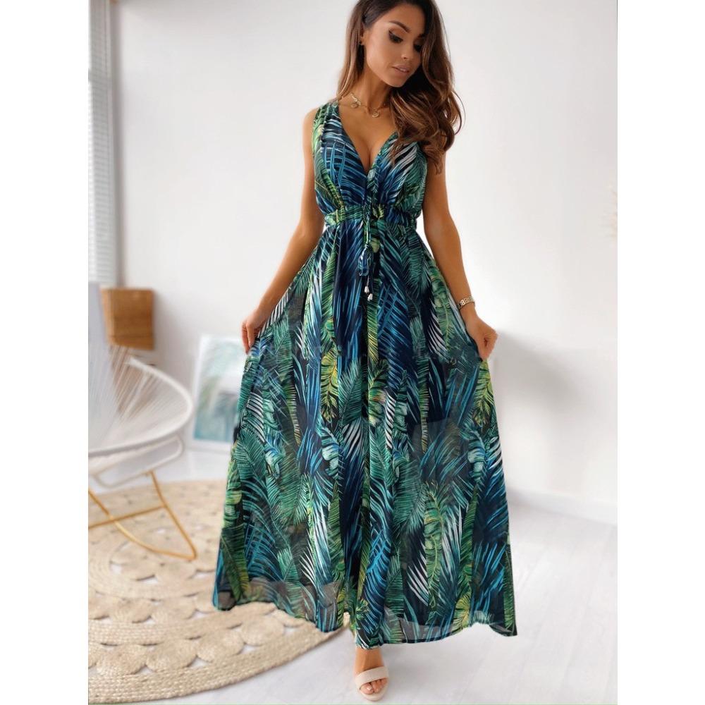 Women's V Neck Sleeveless Tropical Print Maxi Dress High Waist A Line Casual Beach Dress