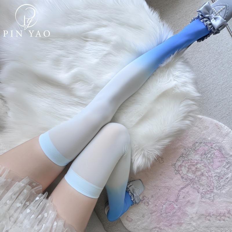 Matte Simple Design Ins Hipster Tie-Dye Color Matching Thigh Socks Two-Color Knee Socks Purple Pink Gray