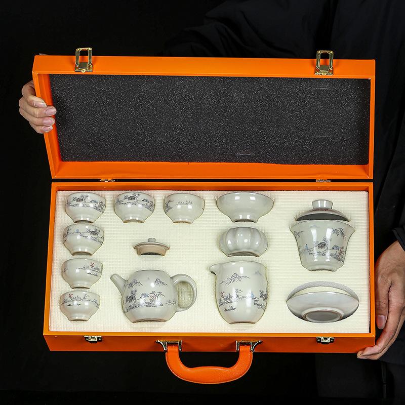 High-end Landscape Ru Kiln Kung Fu Tea Set, a Complete Set of Teapot Cover Bowl Teacup Activities, Holiday Business Gifts