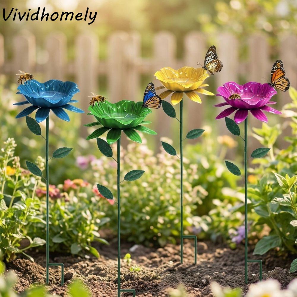 Flower Shape Metal Garden Birdbath Handcrafted Weather Resistant Bird Bath Stake Wavy Curved Petal Rust Resistant