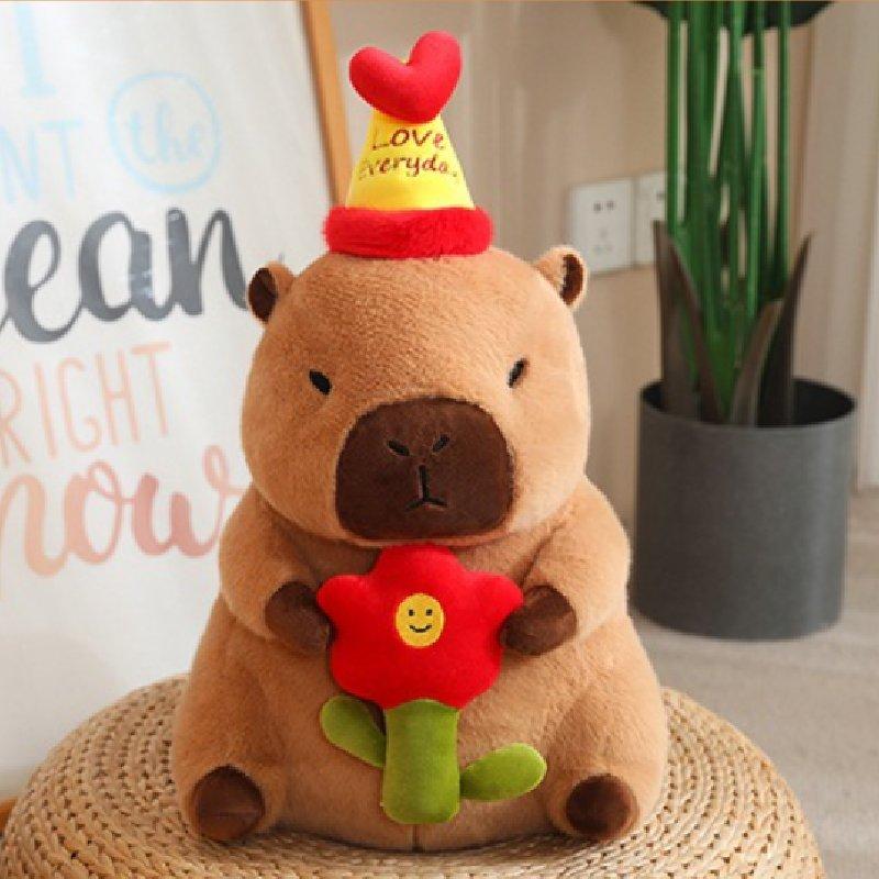 Happy Capybara Birthday Plush Toy Doll Pillow Milk Tea Cake Decoration Flower