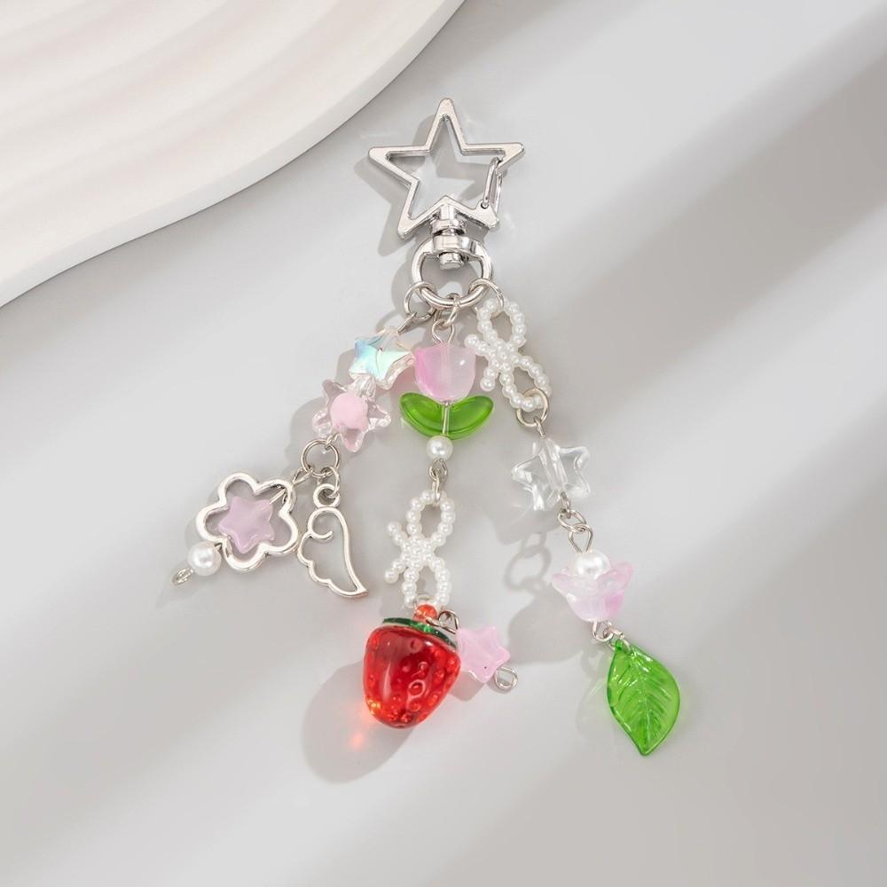 Strawberry Design Beaded Phone Chain Cute Flower Bag Charm Keychain Strap Coquettish Style