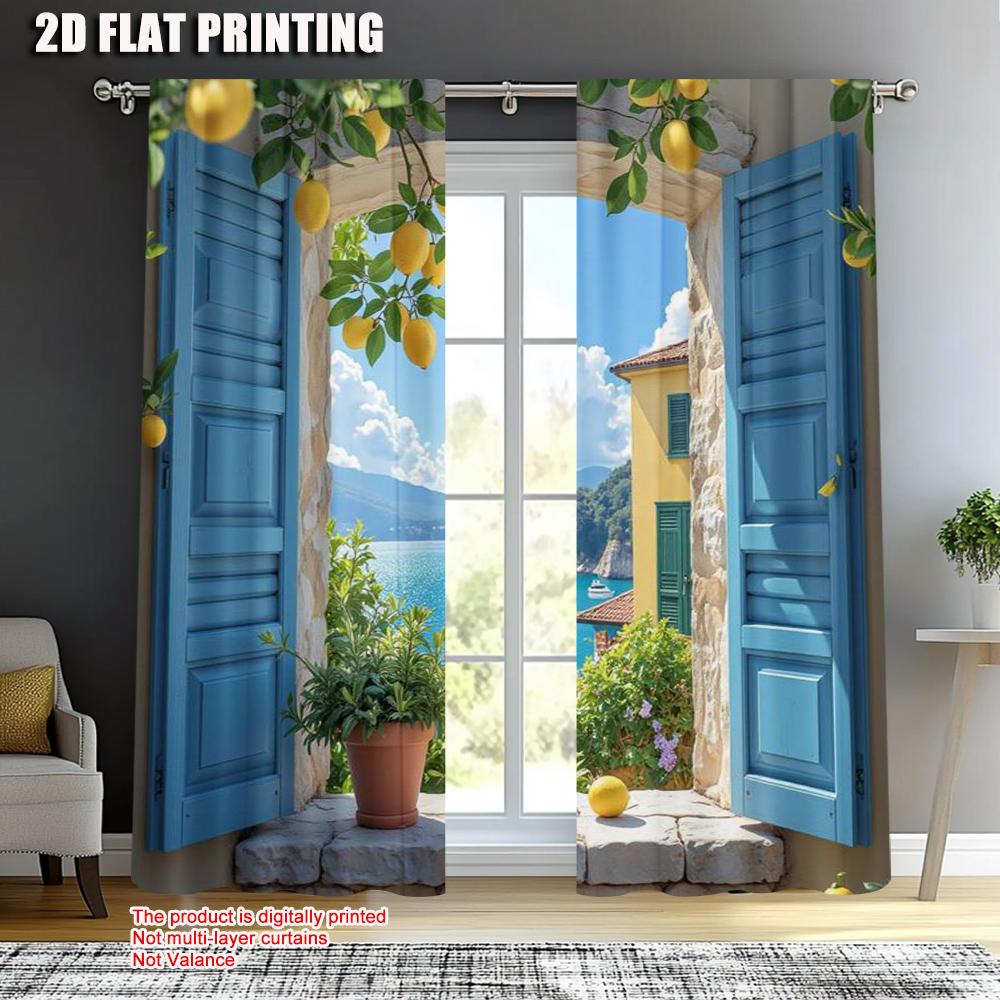 2pcs   spring summer Curtains Mediterranean View Lemon Open Sheer Curtains Versatile Polyester Fabric Decorations For Home Use