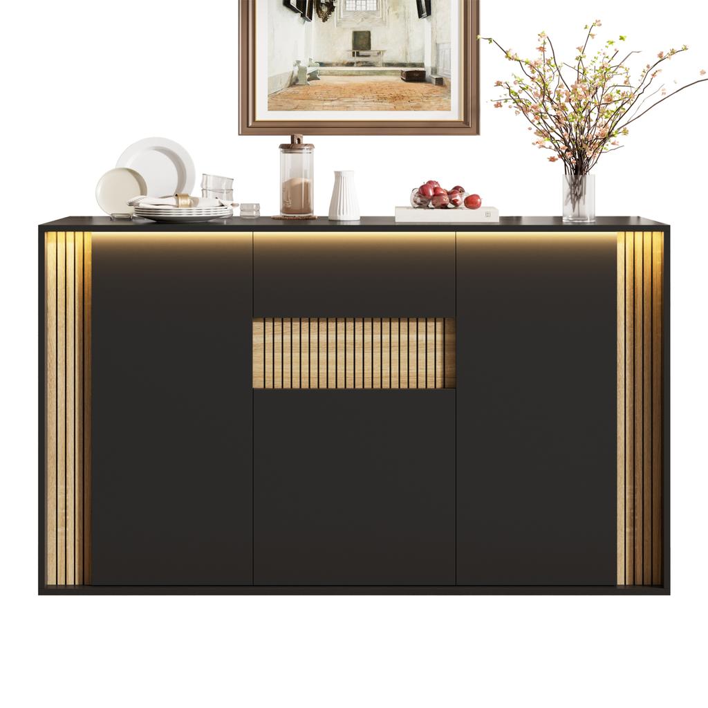 Sideboard/chest of Drawers, with 3 Doors, 1 Drawer and Adjustable LED Lighting – In Black with Natural Wood Grain, 140×40×82cm