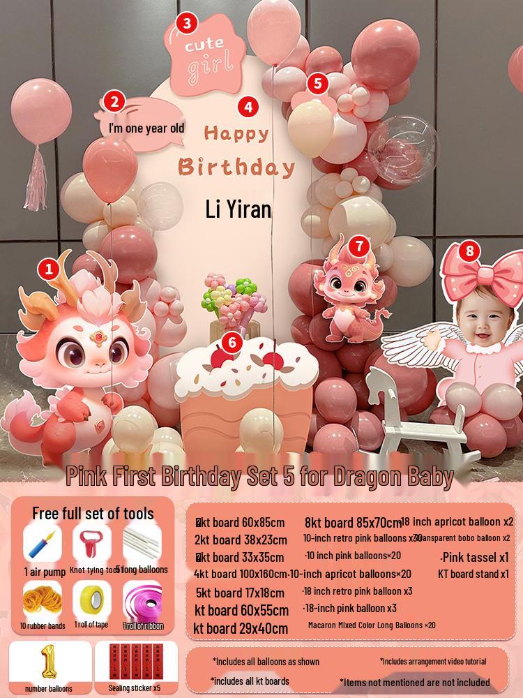 Dragon Baby Balloons & KT Board Backdrop for Girl's First Birthday Party