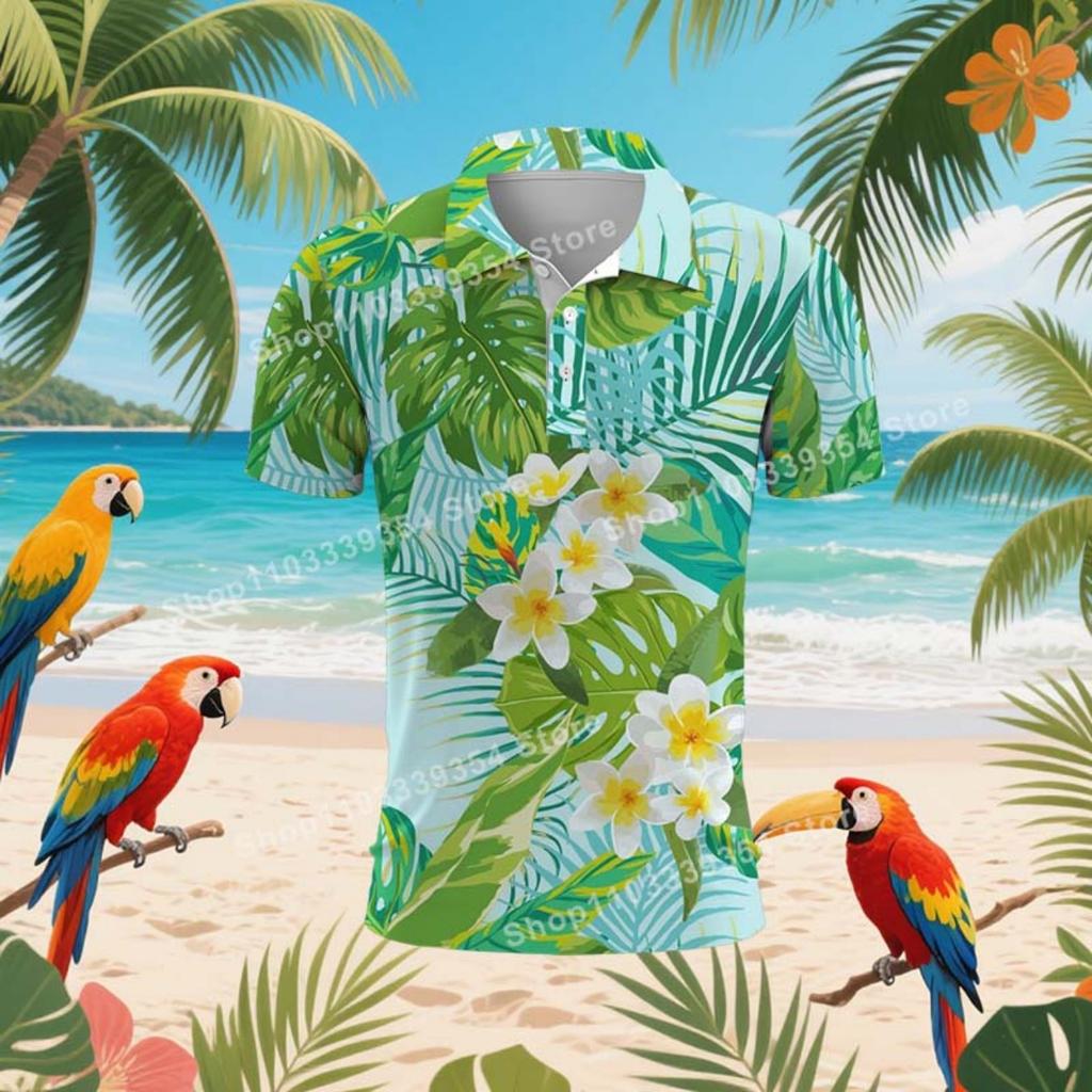 Hawaiian Beach Coconut Trees Polo Shirt For Men Summer 3D Print Leaves Short Sleeve Golf Polo
