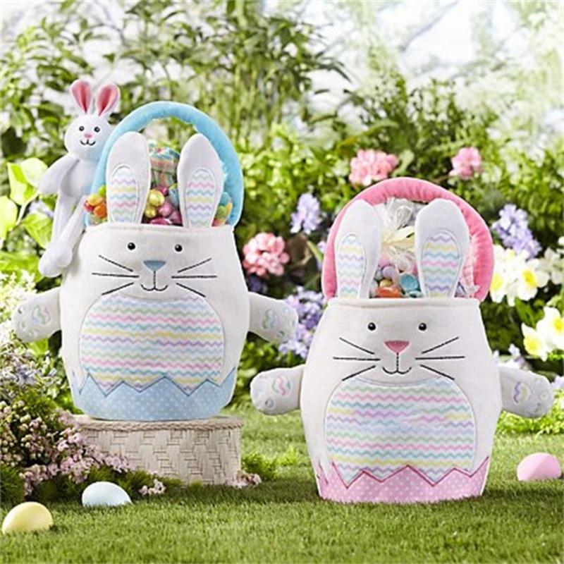 Lovely Rabbit Fabric Basket Plush Striped Rabbit Easters Basket With Plush Accent for Eggs Hunts and Home Decors
