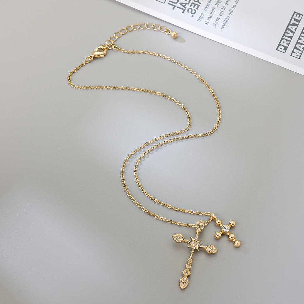 Inlaid Chain Cross Pendant Necklace, Retro Clavicle Design