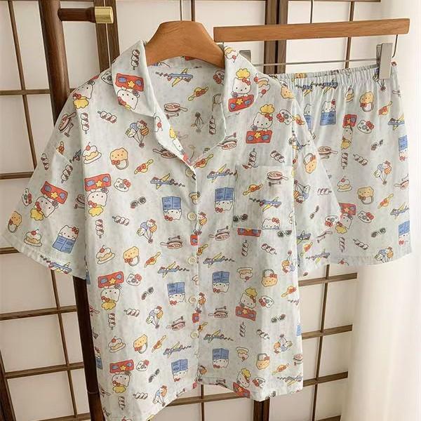 

Pajamas women s blue wave point Hello Kitty summer thin Japanese ins style cute cartoon print loungewear set s [recommended weight 35-40kg ]