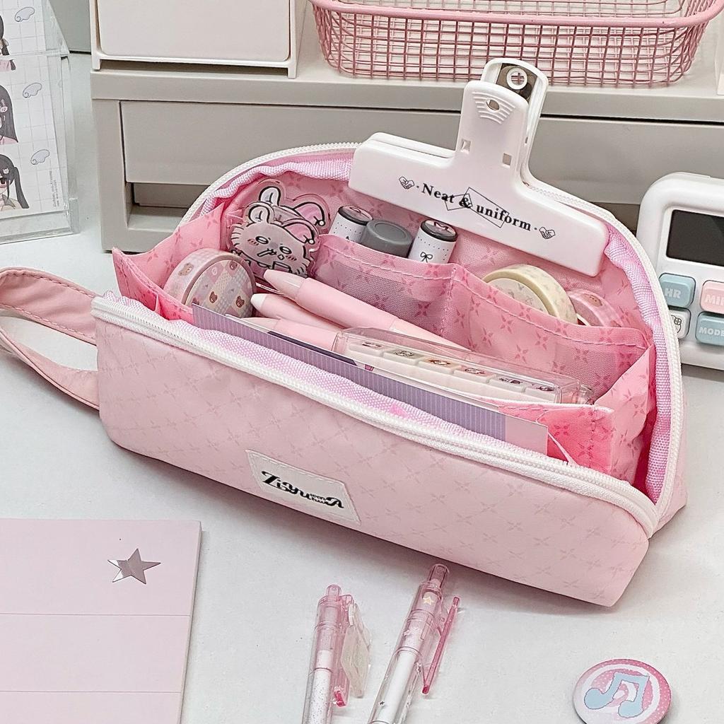 Polka Dot Shell Pencil Case Large Capacity Nylon Pen Bag Kawaii Cute Handheld Stationery Organizer For Girls Student Makeup Bag