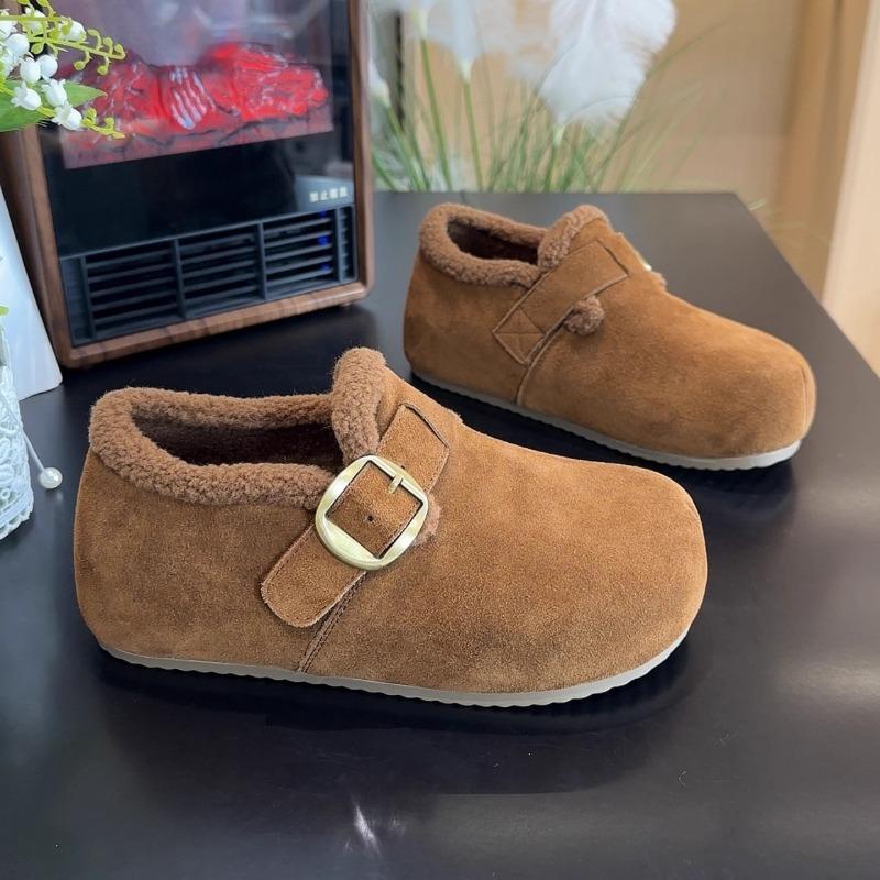 Cowhide Retro Snow Boots Women's Winter New Fluffy Shoes One Pedal Fleece Warm Leather Cotton Shoes