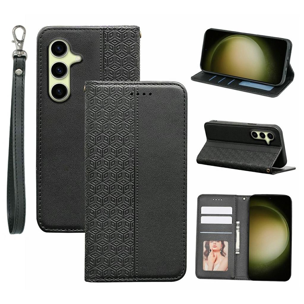 For Samsung Galaxy S26 Wallet Phone Case Checkered Pattern Imprint Leather Flip Cover with Wrist Strap