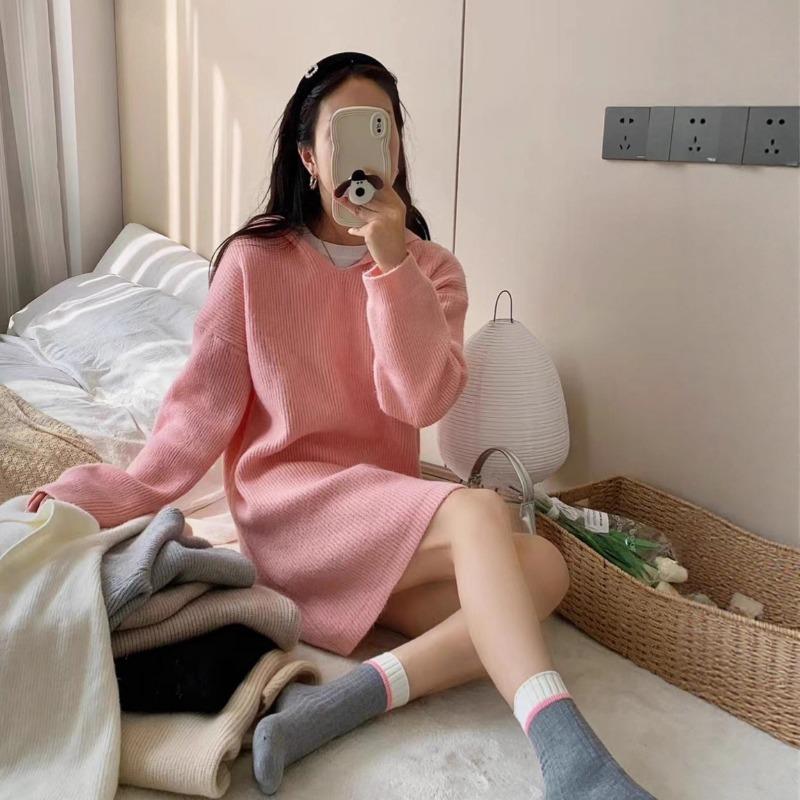 Fashion casual hooded medium and long knitted sweater top women's autumn and winter new loose lazy pullover sweater