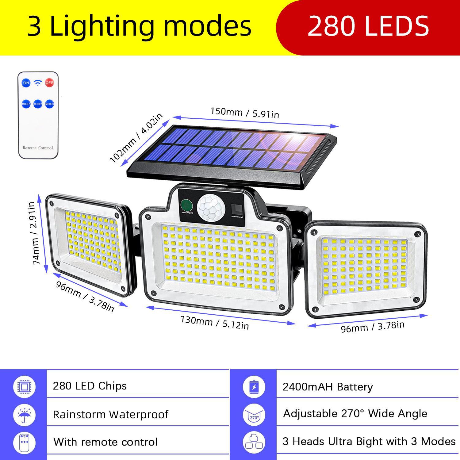 

Солнечный датчик движения, уличный настенный светильник для сада и дома - водонепроницаемый и идеально подходит для уличного освещения Remote control 280LED 280LED