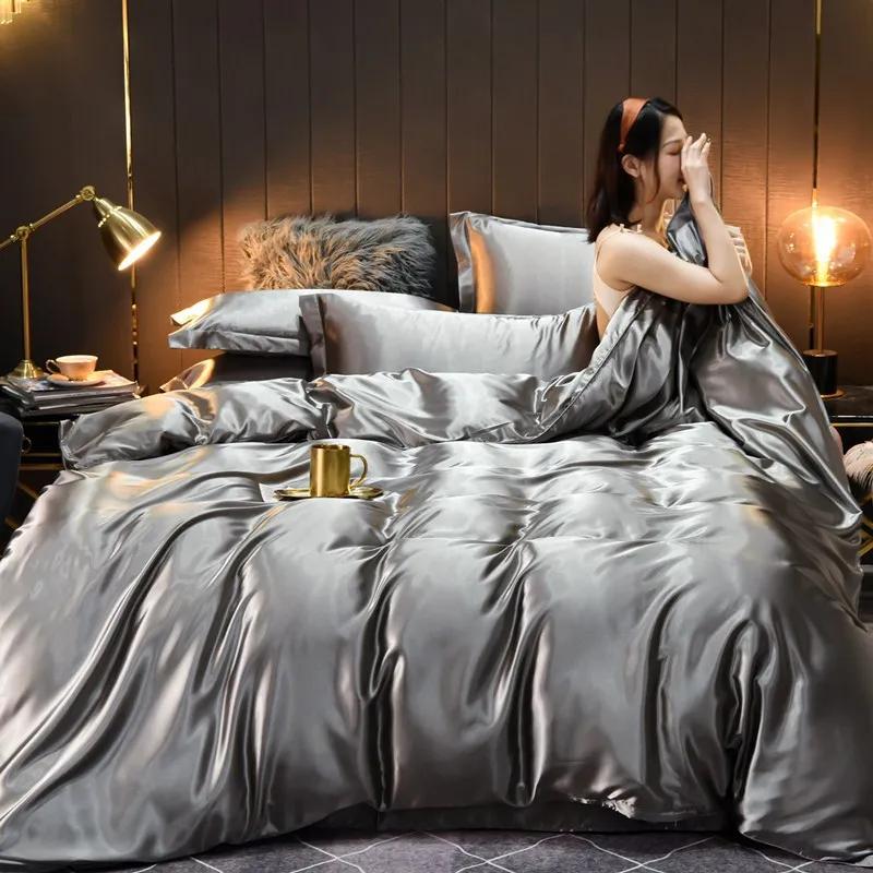 

Чистый 100% шелковый постельный комплект Роскошная мягкая простыня с пододеяльниками Наволочки ТCover Постельный комплект для дома Качественные постельные комплекты размера кинг Flat Bed Sheet&Twin size 4pcs серебряный