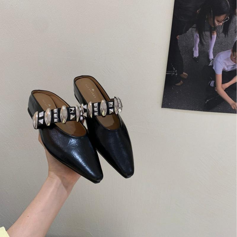 Inner Height Increase Rivet Bag Head Half Slippers Women's Summer Wear 2025 New Leopard Print Pointed Mary Jane Cool Slippers Silver