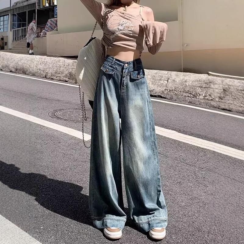 Women's High Waist Wide Leg Jeans - Retro Loose Fit, Plus Size, Floor Length, Fake Pockets
