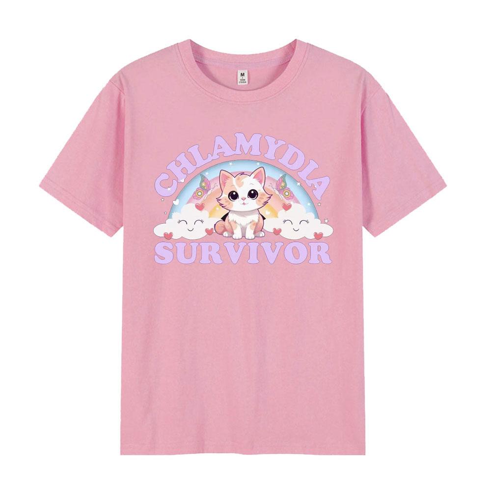 Chlamydien Überlebender T-Shirt Lustiges Katzen-Meme 100% Baumwolle T-Shirt Unisex Wounisex Locker Lässig Rundhals Unisex Einfache T-Shirts Übergroßes Oberteil
