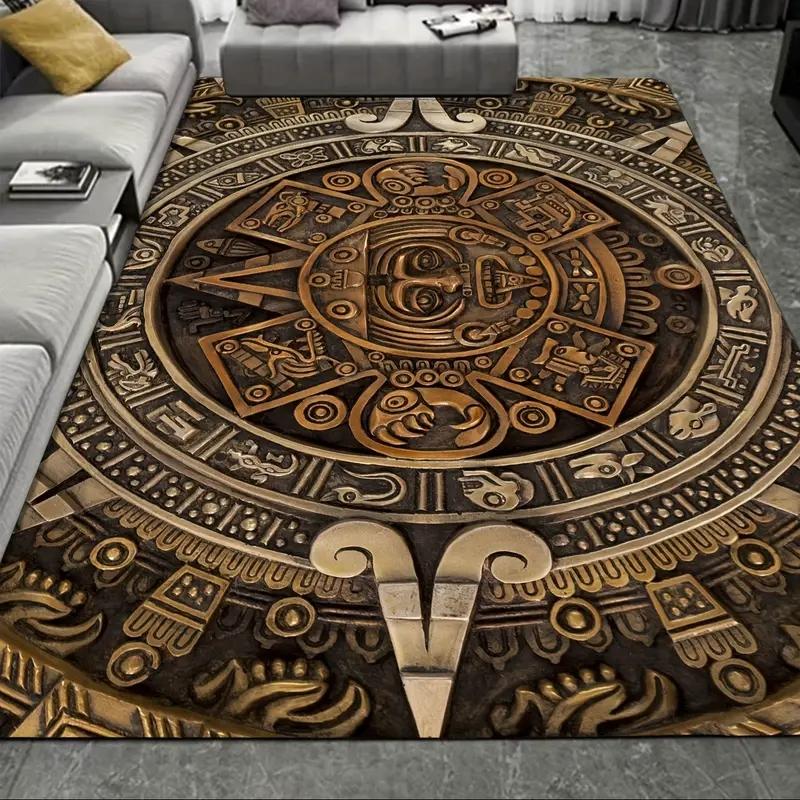 Ancient Aztec Ethnic Tribal Mayan Calendar Print Living Room Rug Bedroom Chair Cushion Gothic Decor Aesthetic Room Decor Art Rug