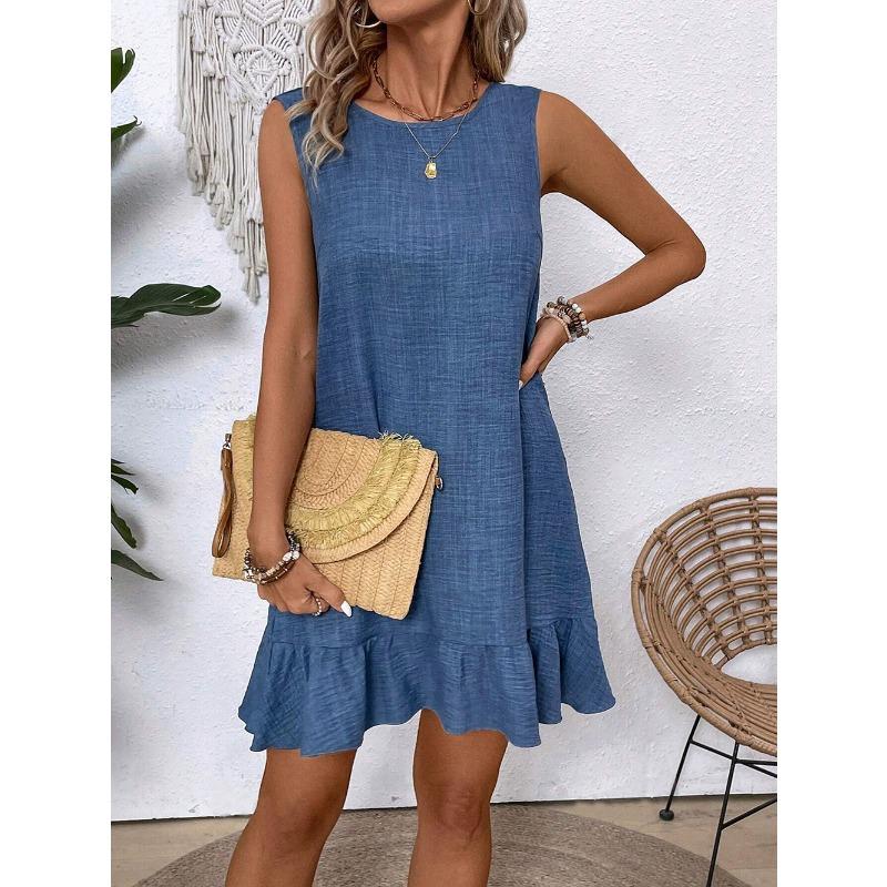 GMXIA Women's Fashion Summer Spring O-Neck Sleeveless Solid Color Print Casual Dresses