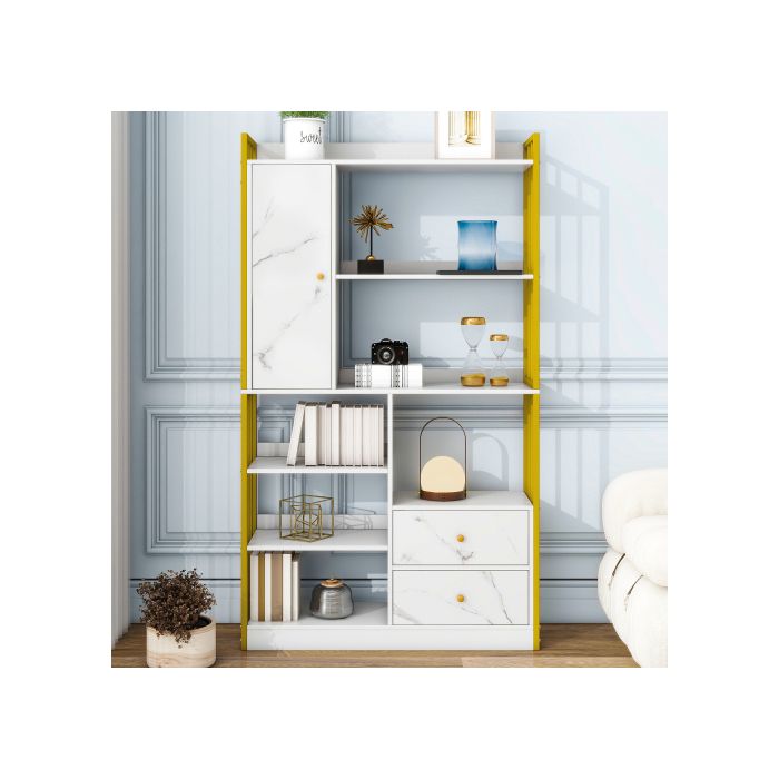 Bookshelf - MUVOE - 6 Shelves - Marbled White - Doors and Drawers - Chic Elegance