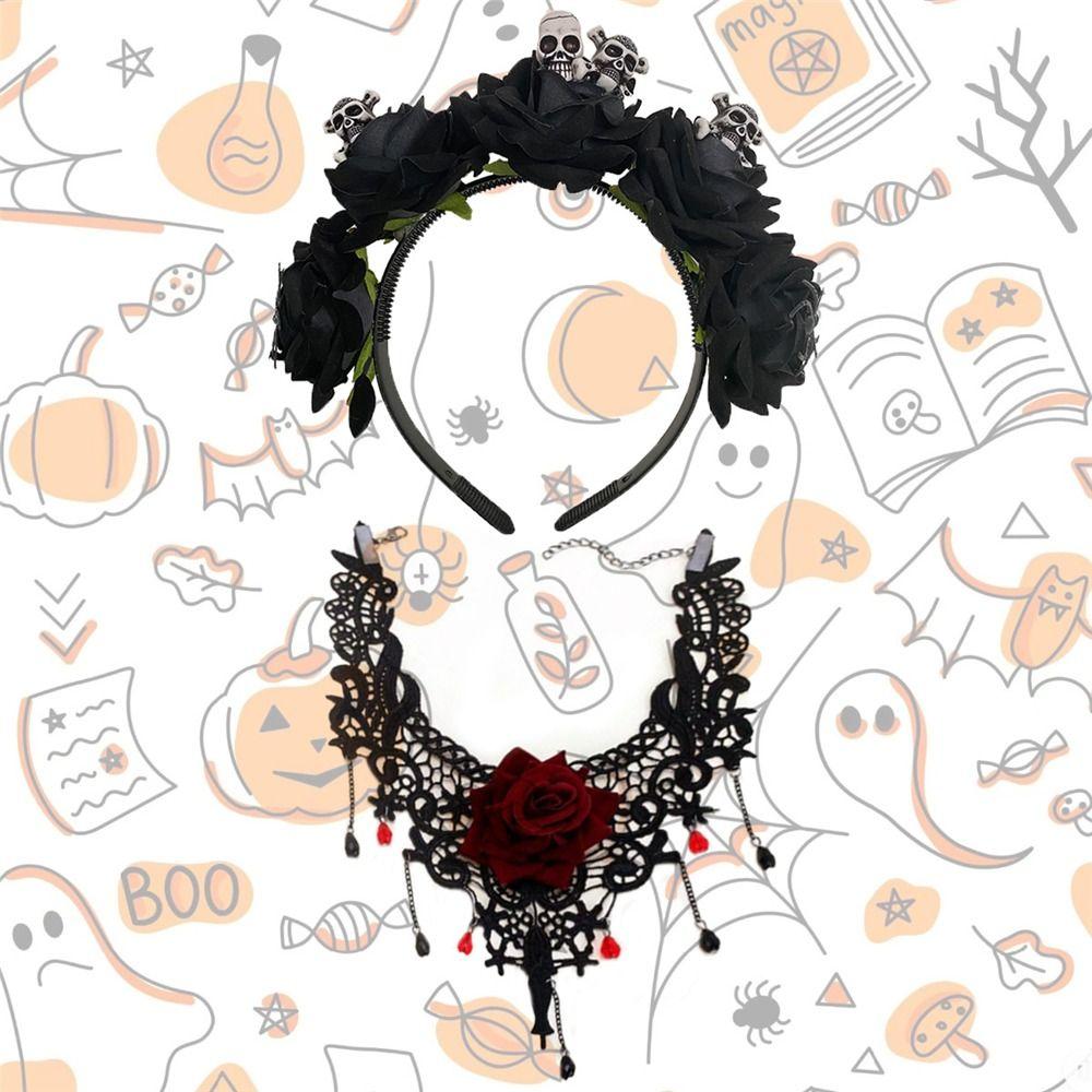 Skull Rose Hair Bands & Necklace Set Novelty Day of The Dead Headpiece for Women