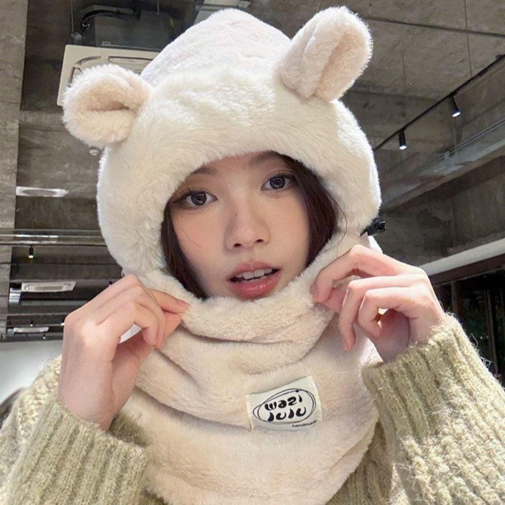 Plush Mask Woolen Hat 4 in 1 Cold Proof Scarf Fashion Winter Integrated Scarf Cap  Cycling
