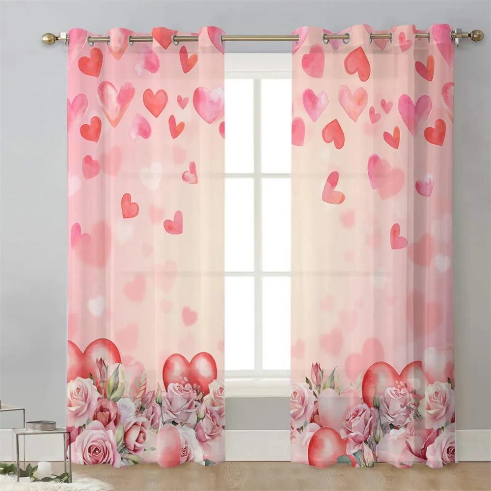Happy Valentine's Day Love Heart Voile Curtains For Bedroom Tulle Window Curtain For Living Room Sheer Curtains Blinds Drapes2Pc