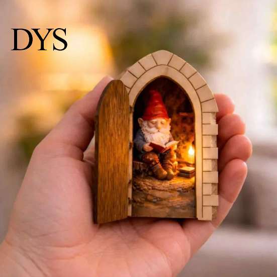 Decorative Door Frame Accents Opening Fairy with Hidden Gnome Scene, Miniature Wooden Wall Decor, Archway 2D Flat Reading Scene Hinged for Baseboard,