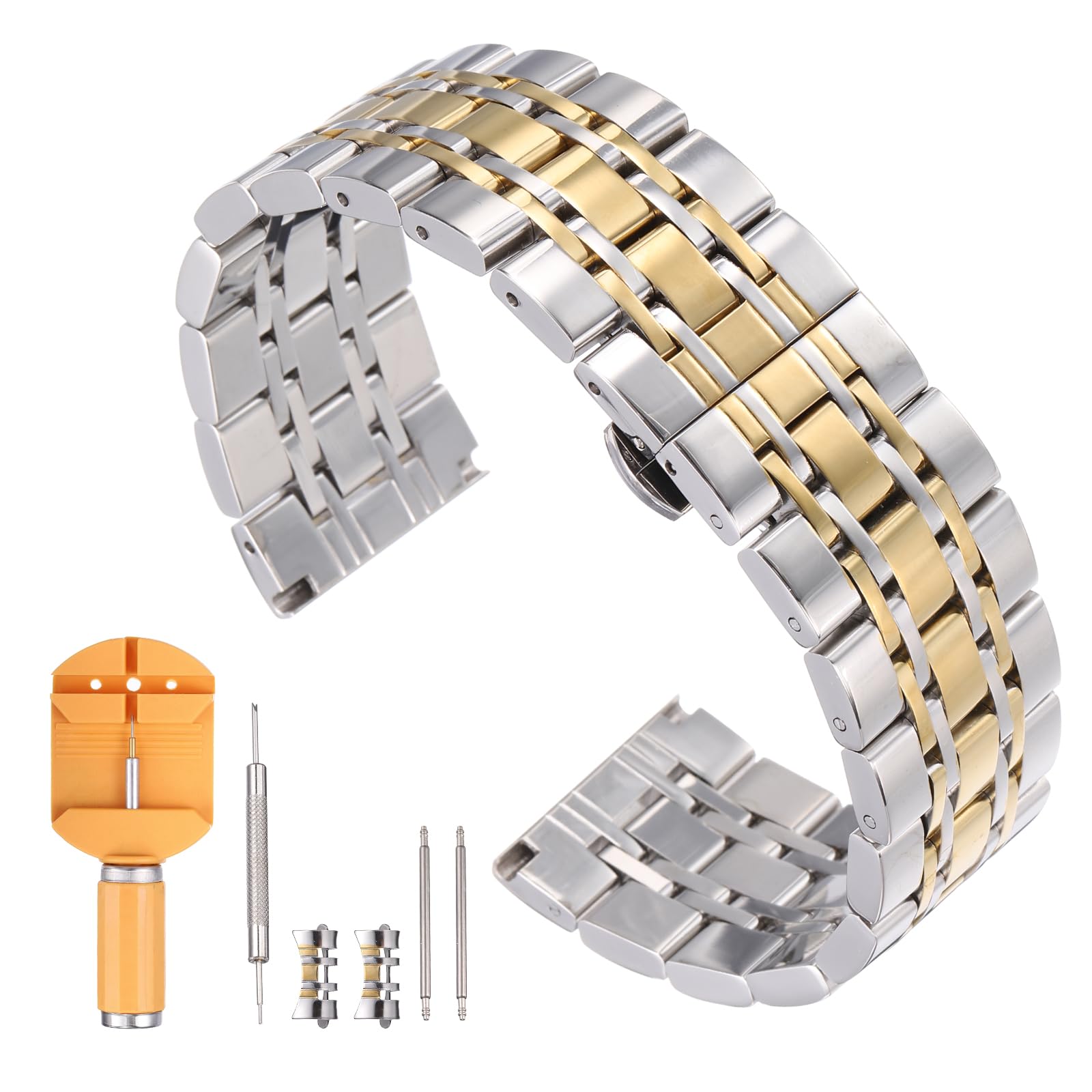 

[uxcell] Stainless Steel Watch Band 24mm Quick Release Metal Polished Butterfly Buckle Replacement Strap with Removal Tool Men sWomen s SilverGold