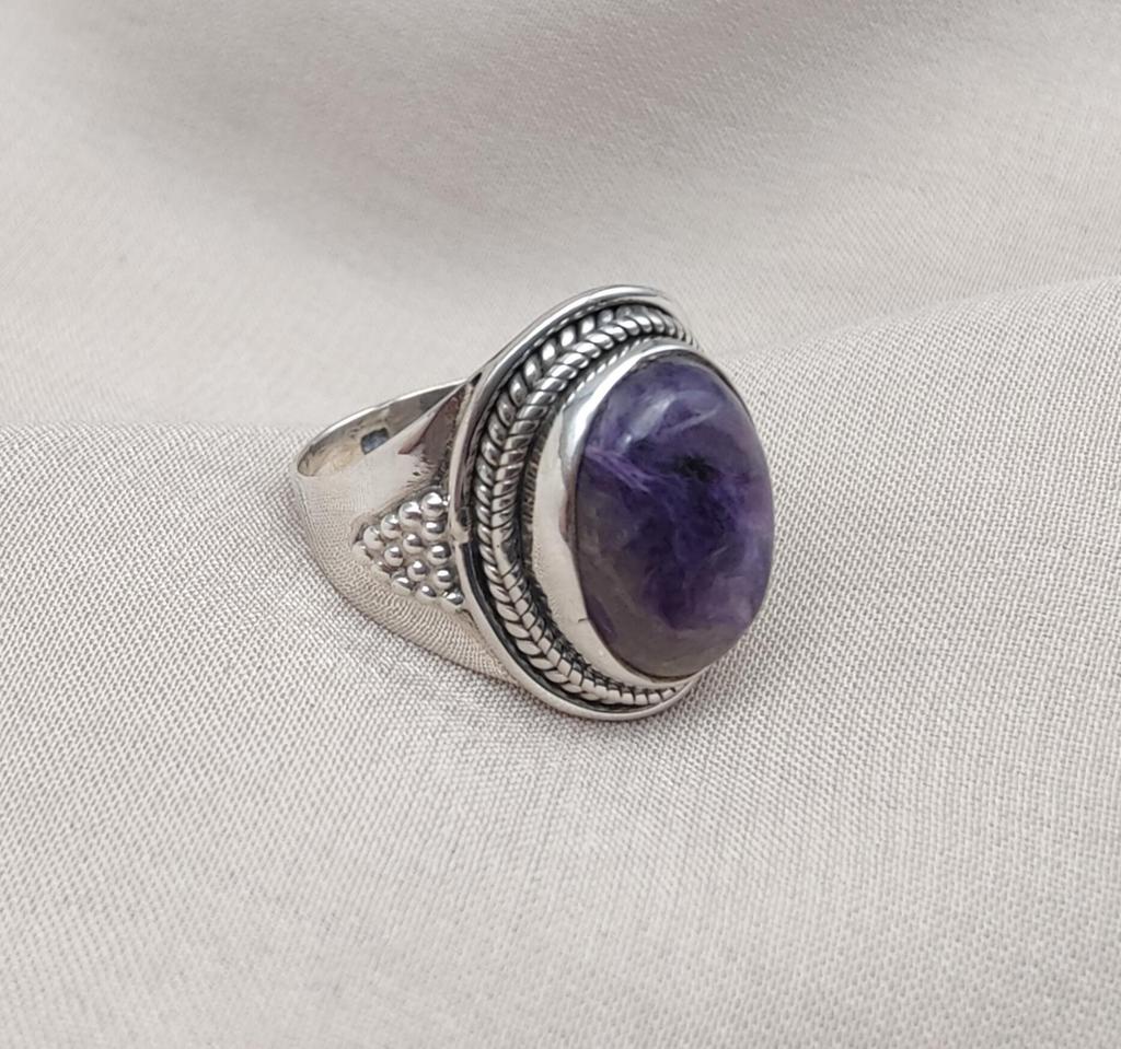 Natural Charoite 925 Sterling Silver Ring: Handmade Boho Gemstone Jewelry